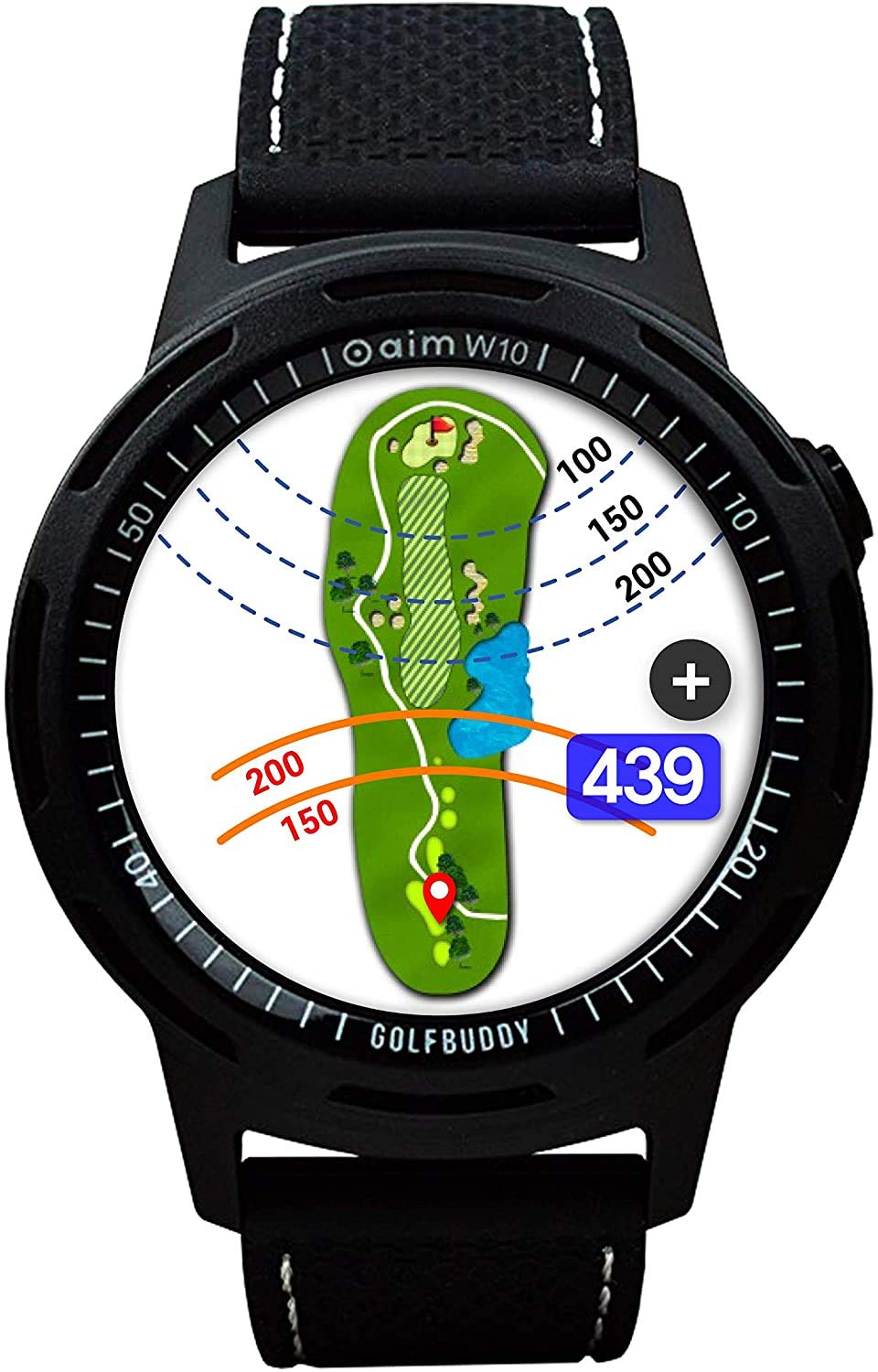 golfbuddy-aim-w10-gps-golfuhr-mit-touchscreen-schwarz-mit-rot-wei-blau-armband image 2