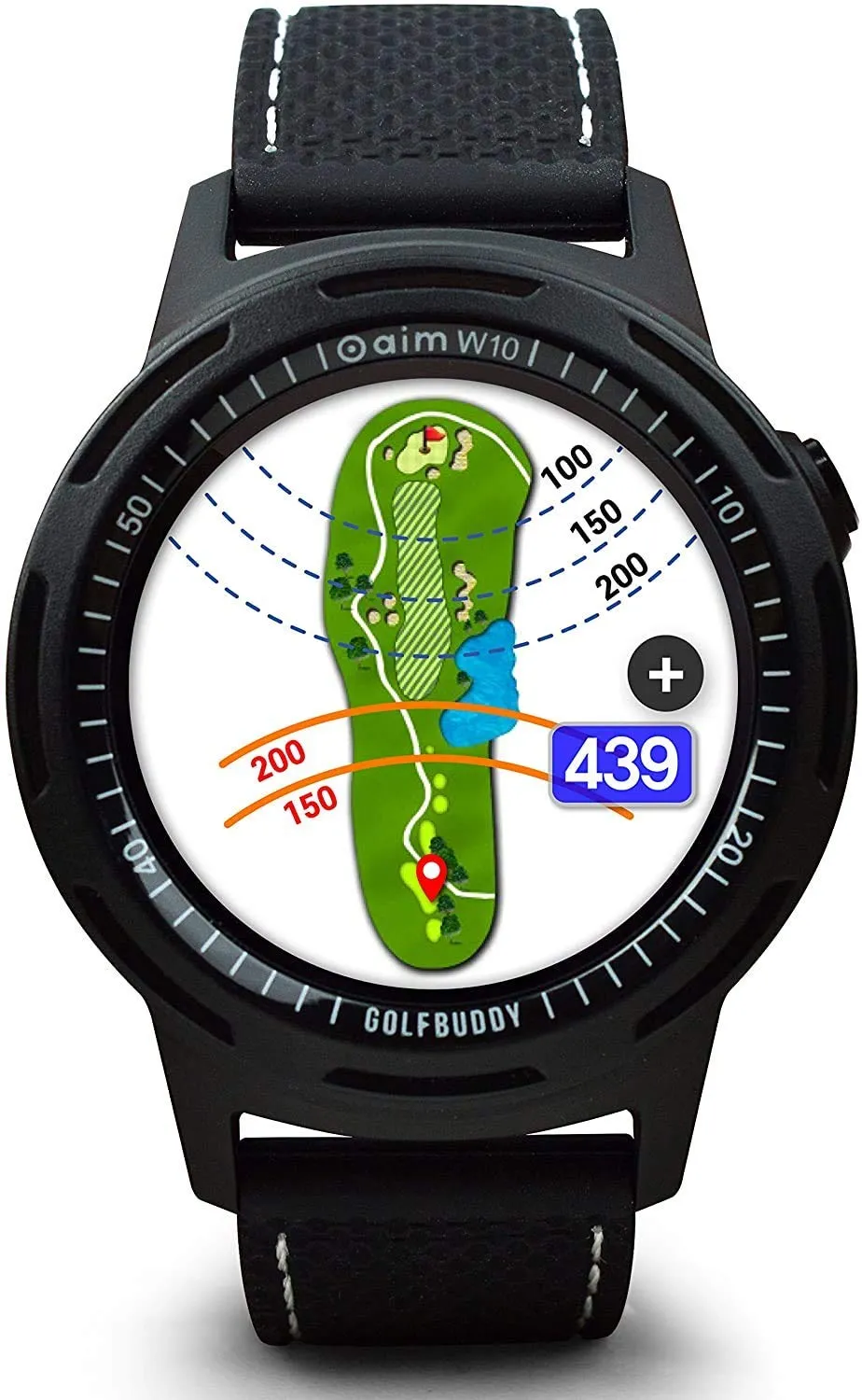 golfbuddy-aim-w10-gps-golfuhr-mit-touchscreen-schwarz-mit-rot-wei-blau-armband image 1